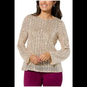 TWRHLL by Christie Brinkley Women's Sequin Crew-Neck Top Sand - Regular